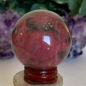 2" Red Rhodonite Polished Sphere Crystal Ball DEEP PINK Orb w Stand 278g AAA+++